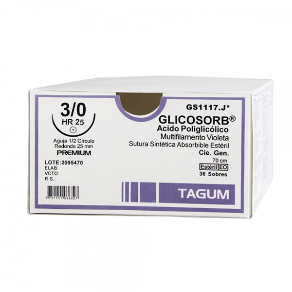 SUTURA 3/0 - VICRYL ACIDO POLIGLICOLICO - 1/2 CIRCULO REDONDO HR25 - 70CM X 36 SOBRES - TAGUM